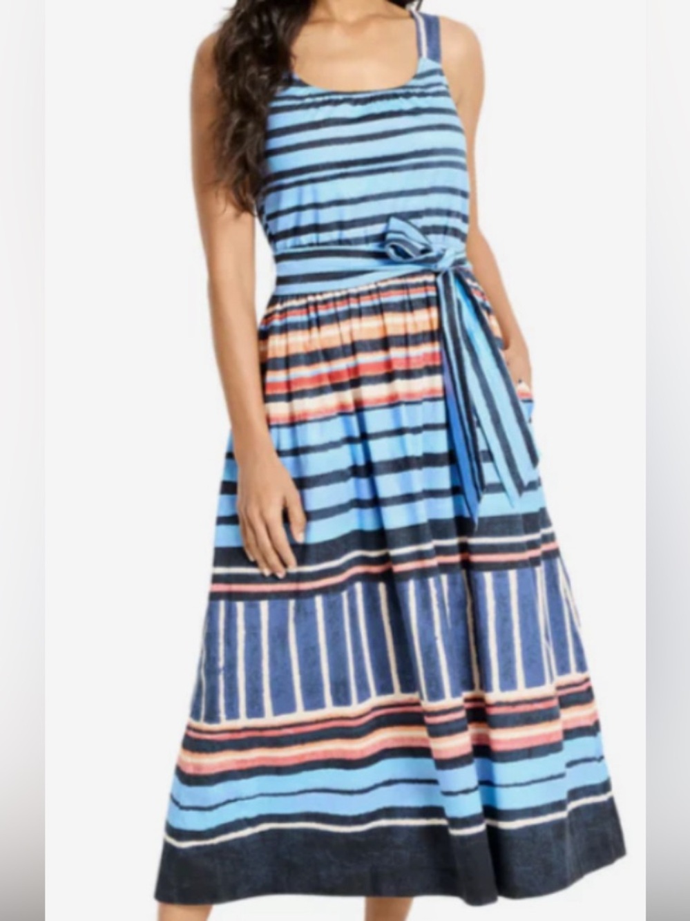 NIC+ZOE Painted Peninsula Blue Multi Color Stripe Sophie Midi Dress: Size S